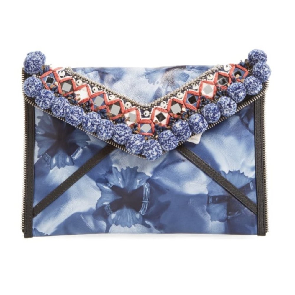 REBECCA MINKOFF Dreamy Pom Leo Clutch-Blue Tie Dye